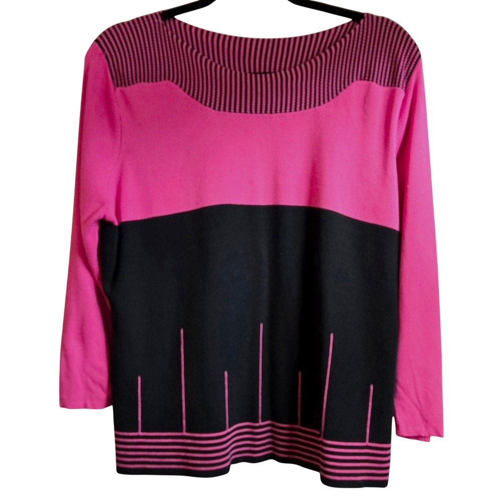 NY Collection Chic Hot Pink Black Colorblock Striped Boat Neck Knit Sweater XL